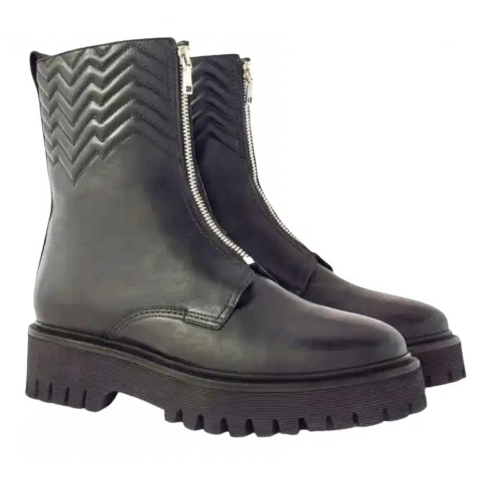 Maje Black Leather Front Zip Chevron Quilted Lug Sole Platform Ankle Boots 37
